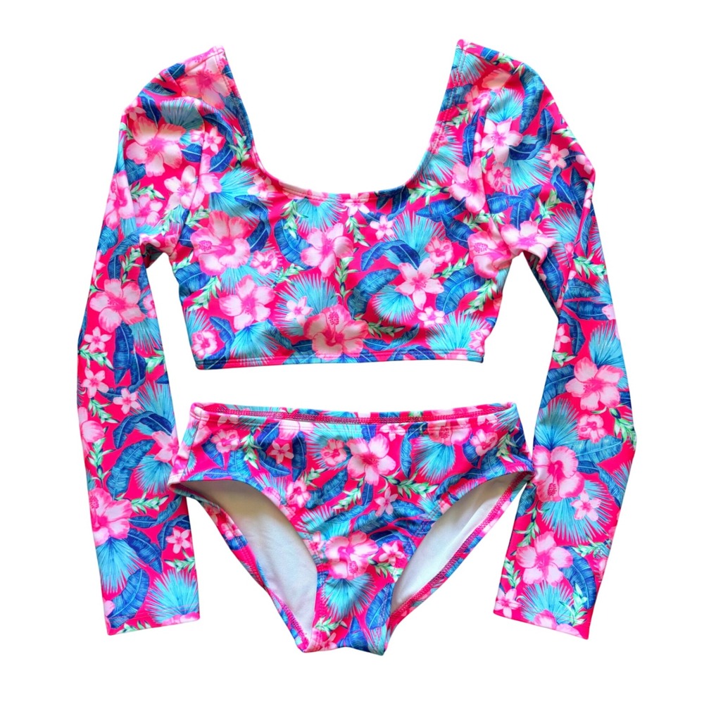 Art Class Pink Tropical Hawaiian Floral Rash Guard Bikini Bathing Suit 6/7 NWT